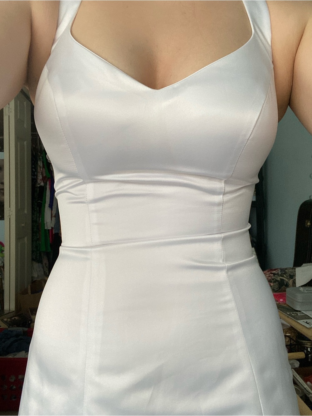 White Halter Neck Satin Dress